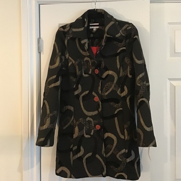 Fabulous 3/4 length black/dark gold brocade textured coat size M - Picture 4 of 9